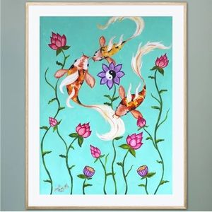 Koi Fish Lotus Blooms Oil Painting Art Print Zen Garden Pond Asian Oriental